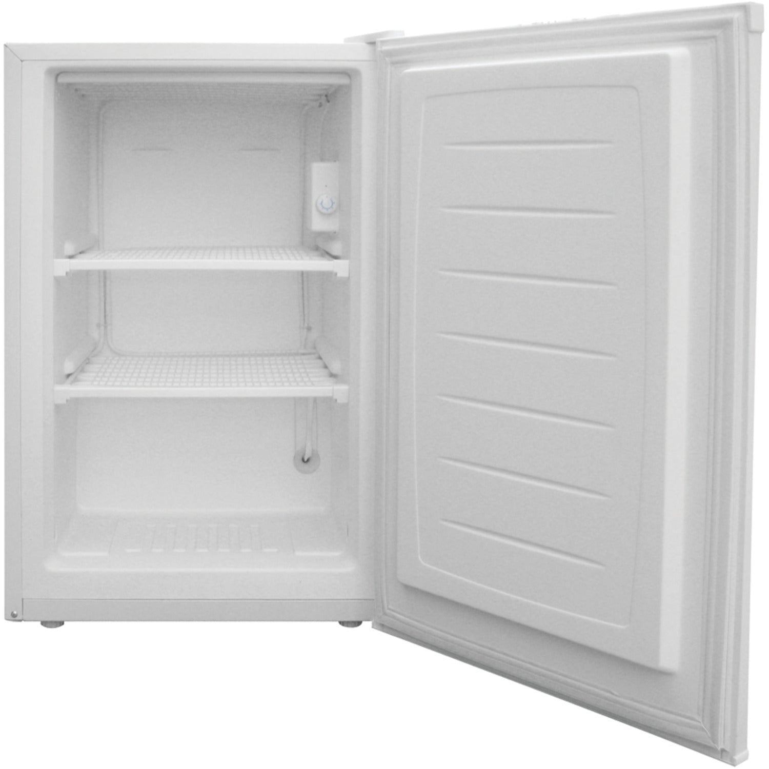 American Smart Magic Chef 3-cu ft upright freezer with white exterior, compact design, and adjustable shelves.