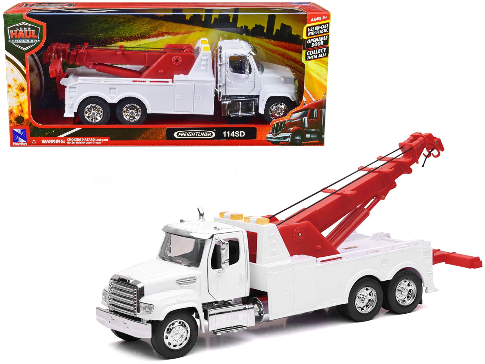 White and red Freightliner 114SD tow truck diecast model from the Long Haul Trucker series by New Ray, detailed American Smart WB.