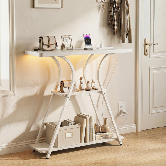 Oak 32-inch narrow entryway console table by American Smart with built-in power outlets and LED lights, modern furniture design