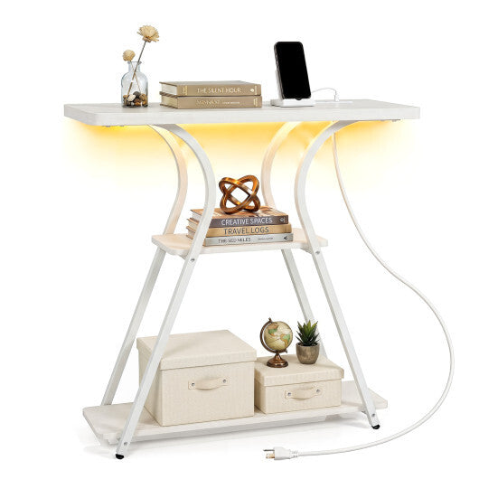 Oak 32-inch narrow entryway console table with power outlets and LED lights, by American Smart, designed for modern hallways.
