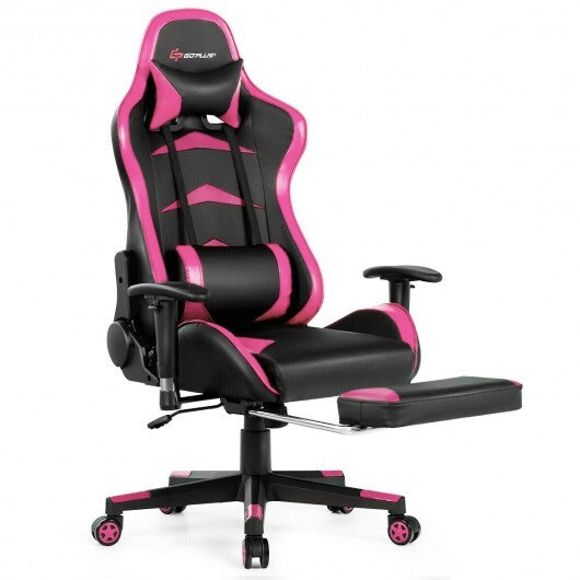 Pink Massage Gaming Chair with footrest from American Smart, featuring ergonomic design and plush upholstery for home office gaming.