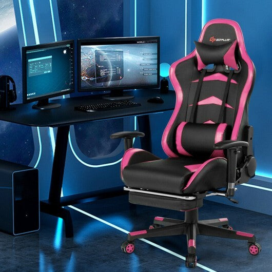 Pink massage gaming chair with footrest from American Smart, featuring ergonomic design and plush upholstery for comfort.