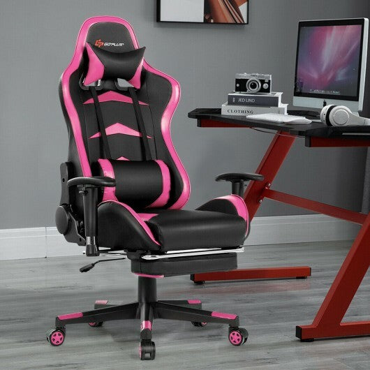Pink massage gaming chair with footrest from American Smart, featuring ergonomic design and plush upholstery.