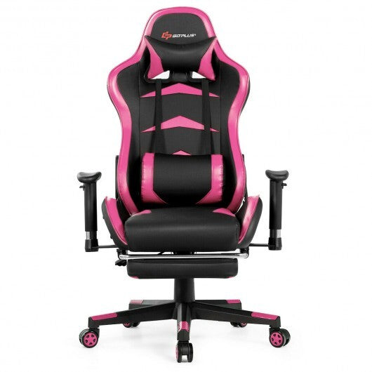 Pink massage gaming chair with footrest from American Smart, featuring ergonomic design and plush upholstery for comfortable gaming.
