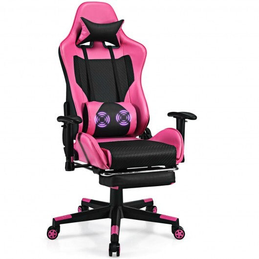 American Smart pink PU leather gaming chair with USB massage lumbar pillow and footrest, designed for home office and gaming comfort.