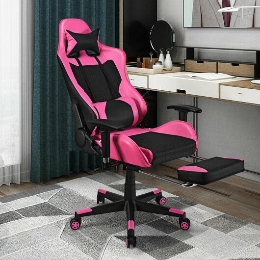Pink PU leather gaming chair by American Smart with USB massage lumbar pillow and footrest for comfortable home office gaming.