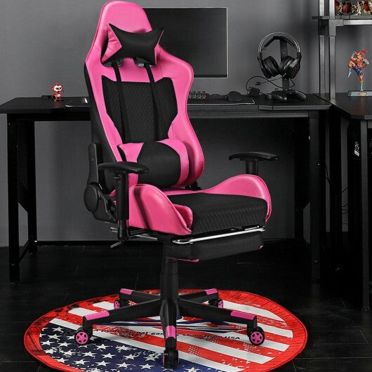 Pink PU leather gaming chair with USB massage lumbar pillow and footrest by American Smart, suitable for home office or gaming.