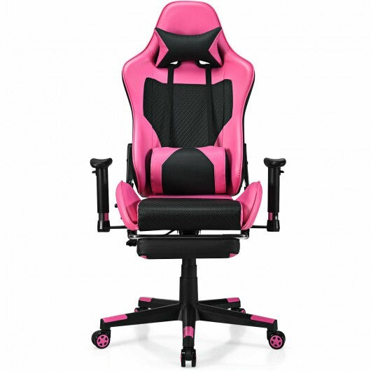 Pink PU leather gaming chair with USB massage lumbar pillow and footrest, ergonomic home office furniture by American Smart WB.