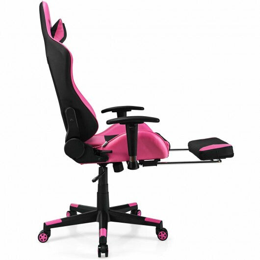 Pink PU leather gaming chair with USB massage lumbar pillow and footrest by American Smart, designed for home office gaming.