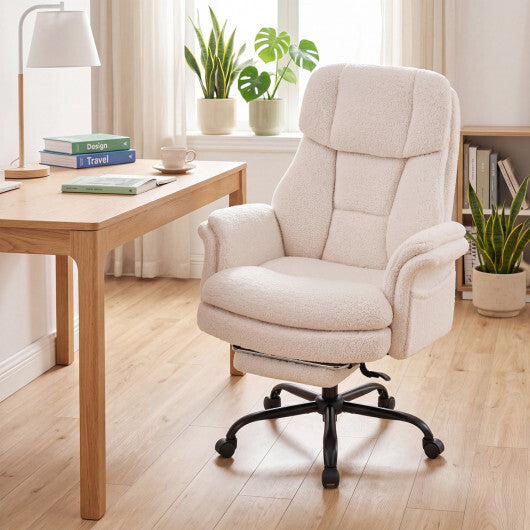 White ergonomic big and tall office chair with retractable footrest and padded armrests, designed for comfort and support.