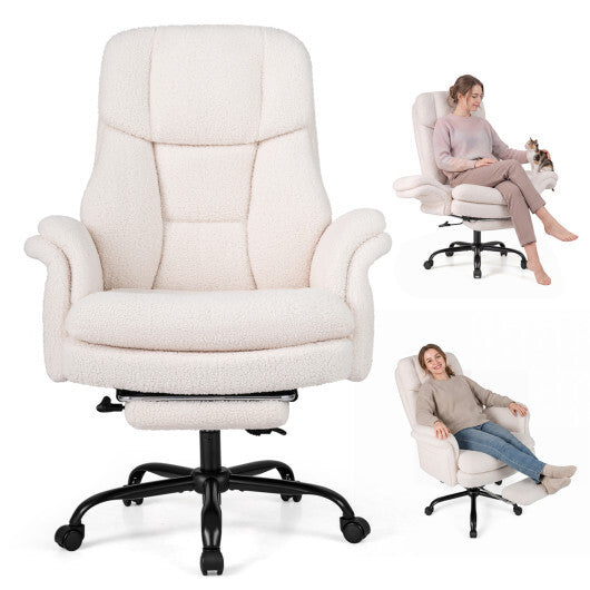 White ergonomic big and tall office chair with retractable footrest, featuring cross-legged design and padded armrests.