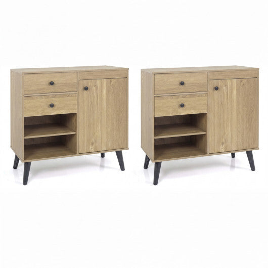 Set of 2 natural wood buffet cabinets with 2 drawers and open compartments, ideal for kitchen storage, by American Smart WB.