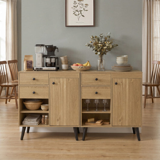 Set of 2 natural wood buffet cabinets with 2 drawers and open compartments, ideal for kitchen storage by American Smart.