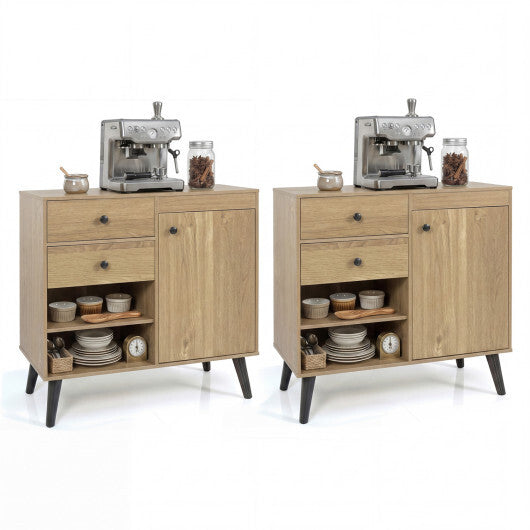Set of 2 31-inch natural wood buffet cabinets with 2 drawers and open compartments for kitchen storage by American Smart.