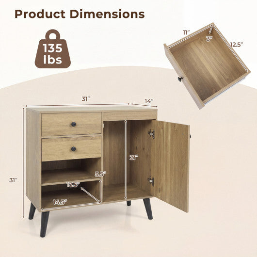 Set of 2 natural 31-inch buffet cabinets with 2 drawers and open compartments, American Smart kitchen sideboards and buffets.