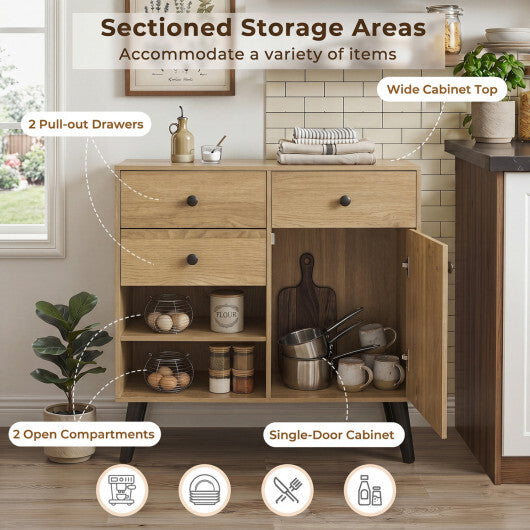 Set of 2 natural wood buffet cabinets with 2 drawers and open compartments for kitchen storage, from American Smart.
