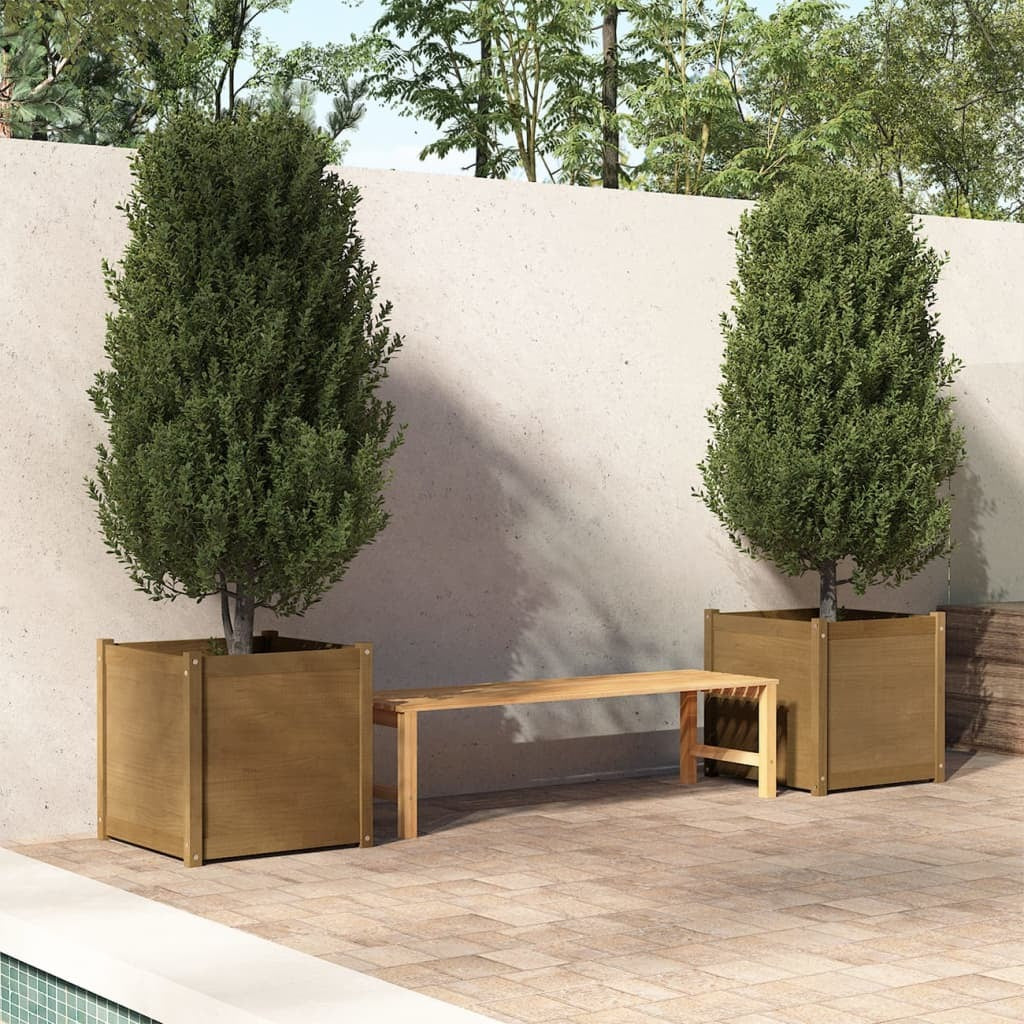 Two honey brown solid wood pine garden planters, 23.6 inches square, from American Smart WB, suitable for outdoor gardening.
