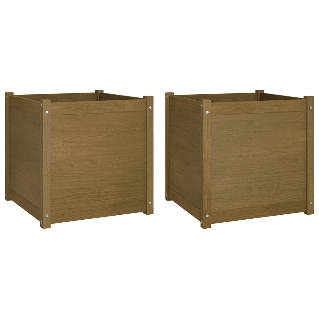 Two honey brown solid wood pine garden planters, 23.6 inches square, ideal for outdoor gardening, by American Smart WB.