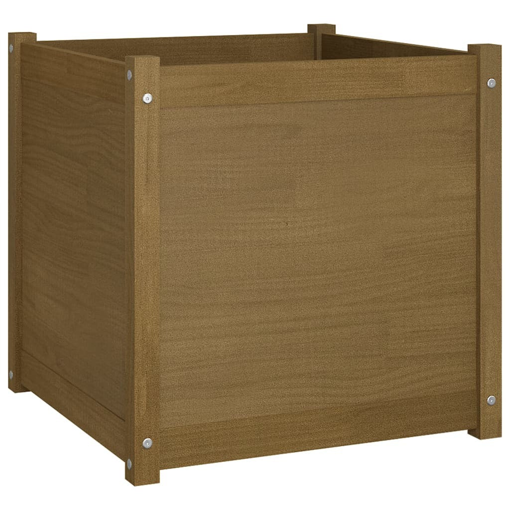 Two honey brown solid wood pine garden planters from American Smart WB, 23.6"x23.6"x23.6" garden containers for planting.