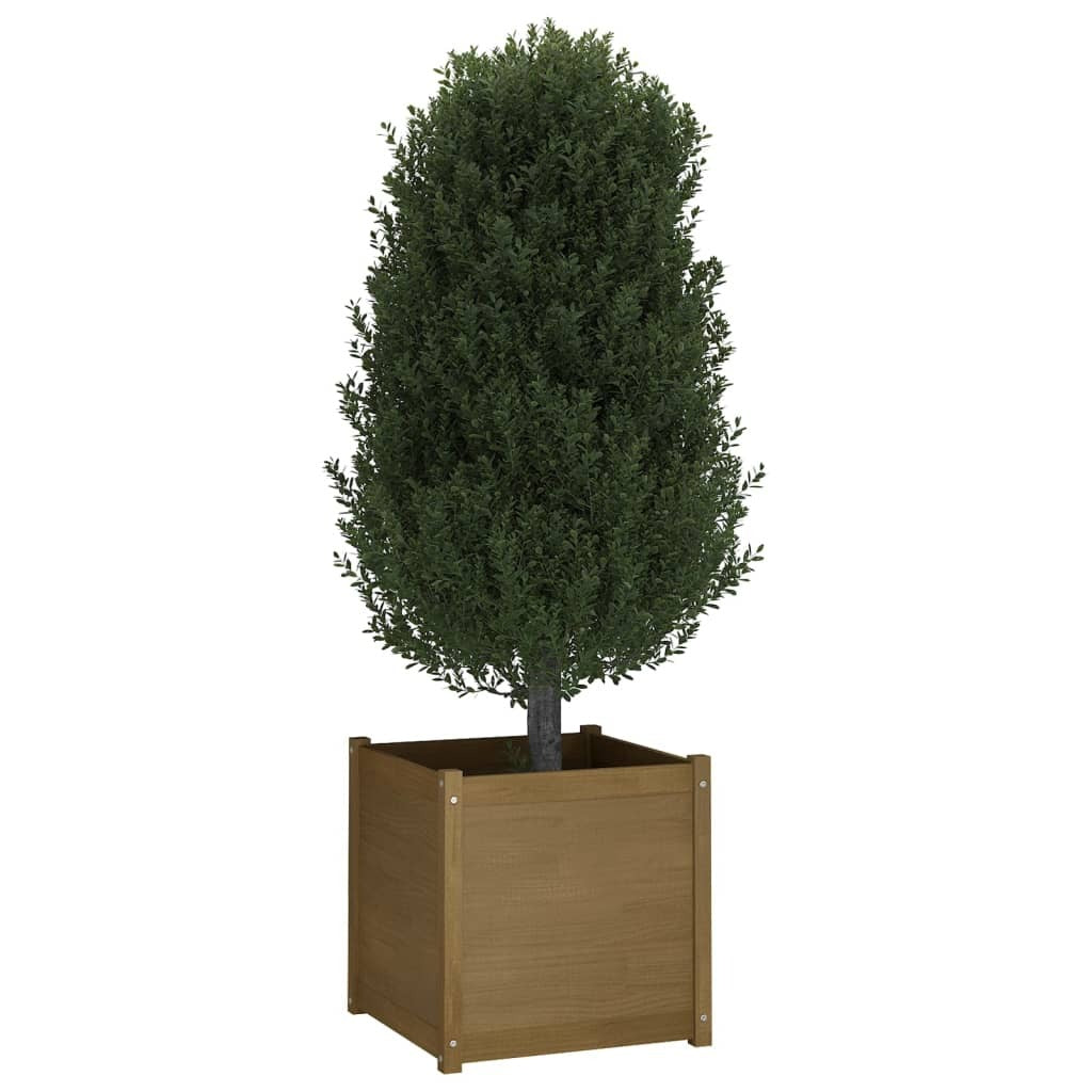 Two honey brown solid pine garden planters, 23.6 inches square, designed for outdoor gardening by American Smart WB.