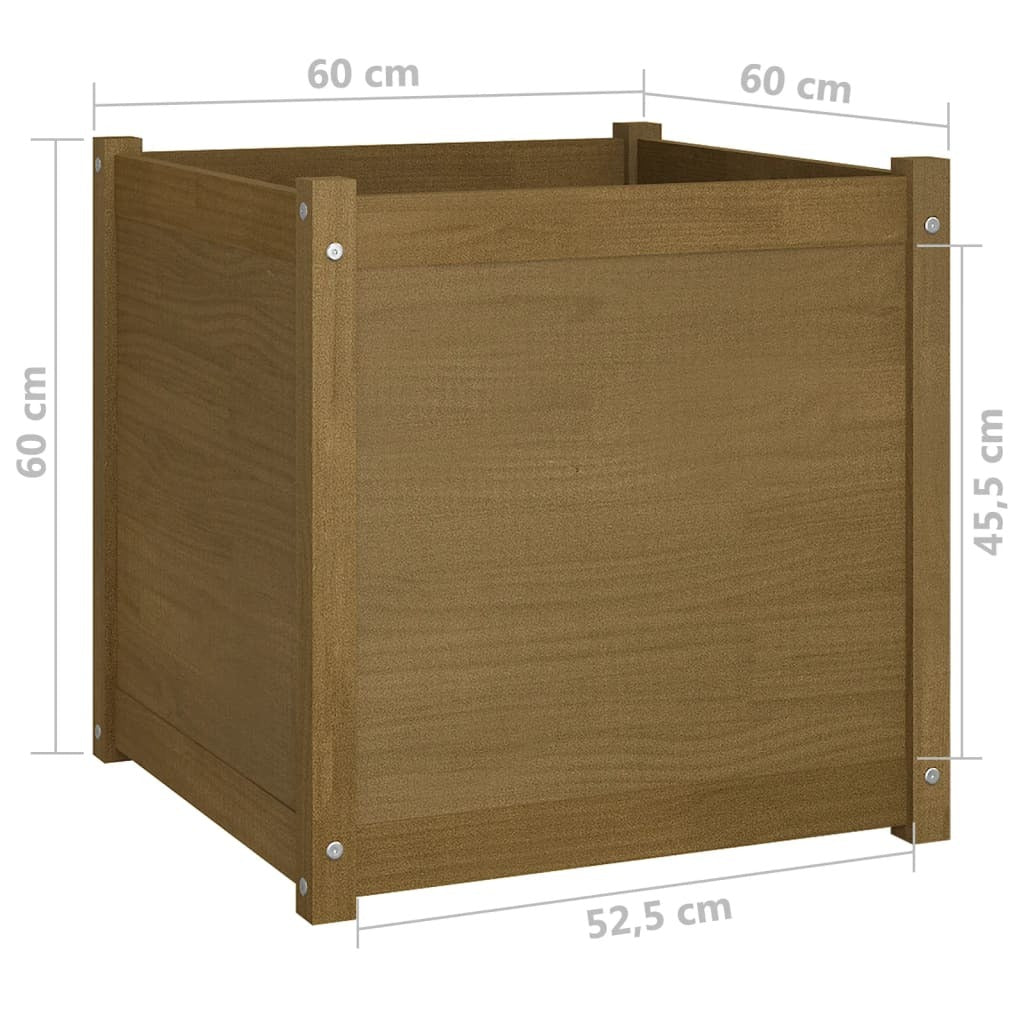 Two honey brown solid wood pine garden planters, 23.6 inches square, suitable for outdoor gardening, by American Smart WB.