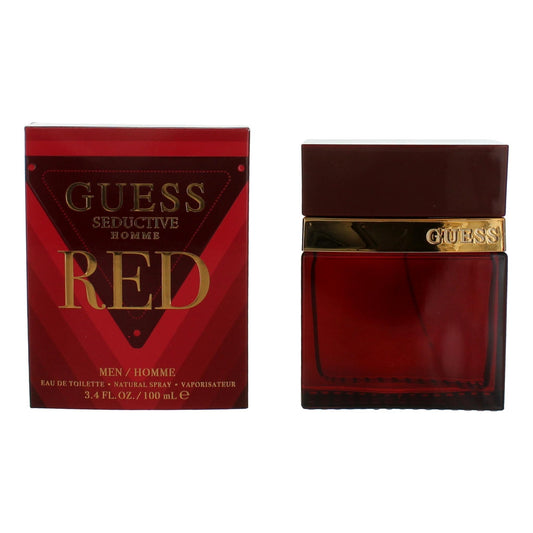 Guess Seductive Homme Red 3.4 oz Eau de Toilette spray for men, featuring a sleek red bottle and modern design.