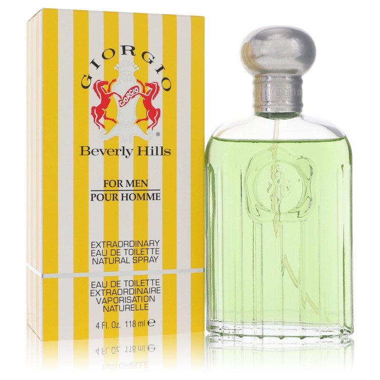 Giorgio Beverly Hills men's Eau De Toilette spray in 4 oz bottle, featuring sleek packaging and elegant design.