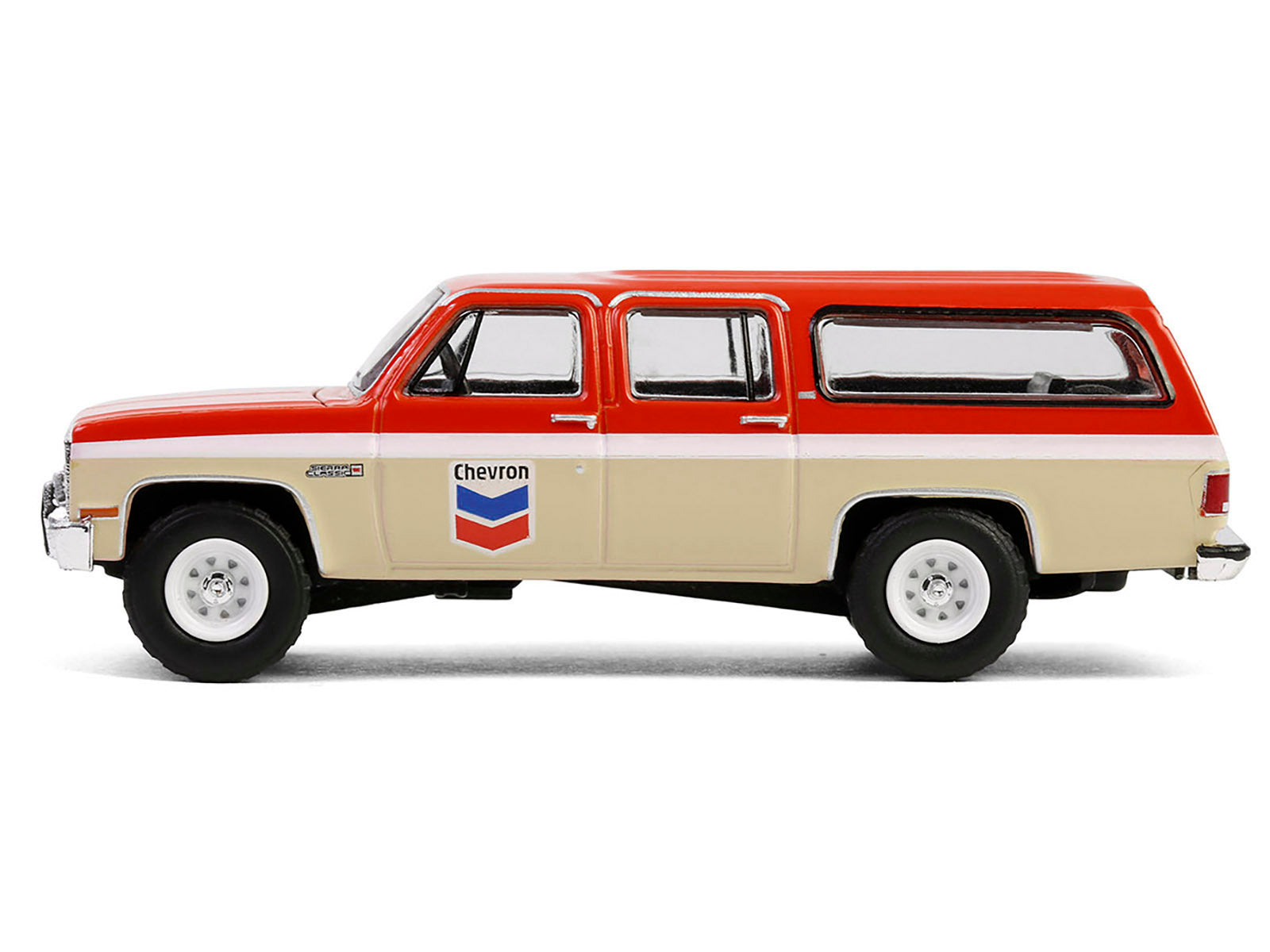 1988 GMC Suburban Sierra Classic C10 diecast model car by Greenlight, orange and beige with white stripes, part of Chevron Special Edition series.