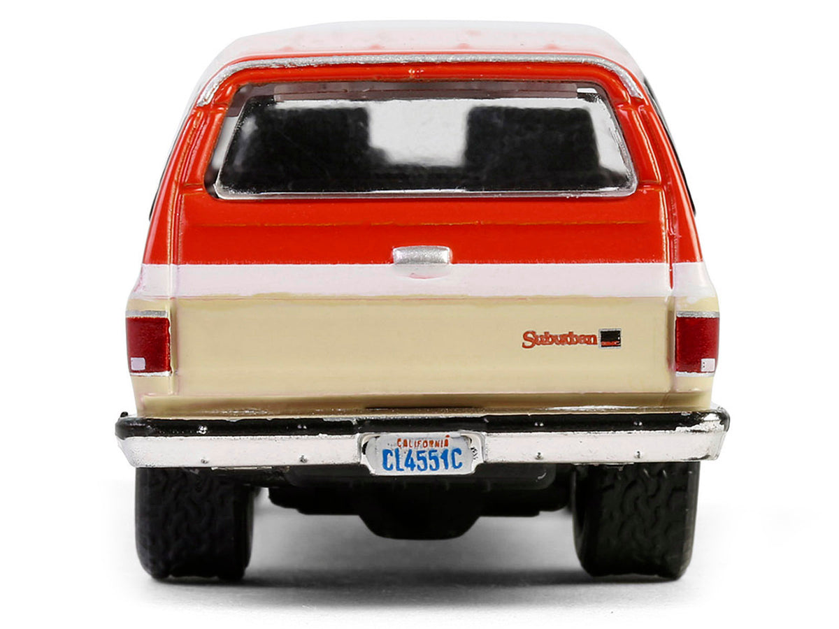 1988 GMC Suburban Sierra Classic C10 diecast model car by Greenlight, orange and beige with white stripes, Chevron Special Edition.
