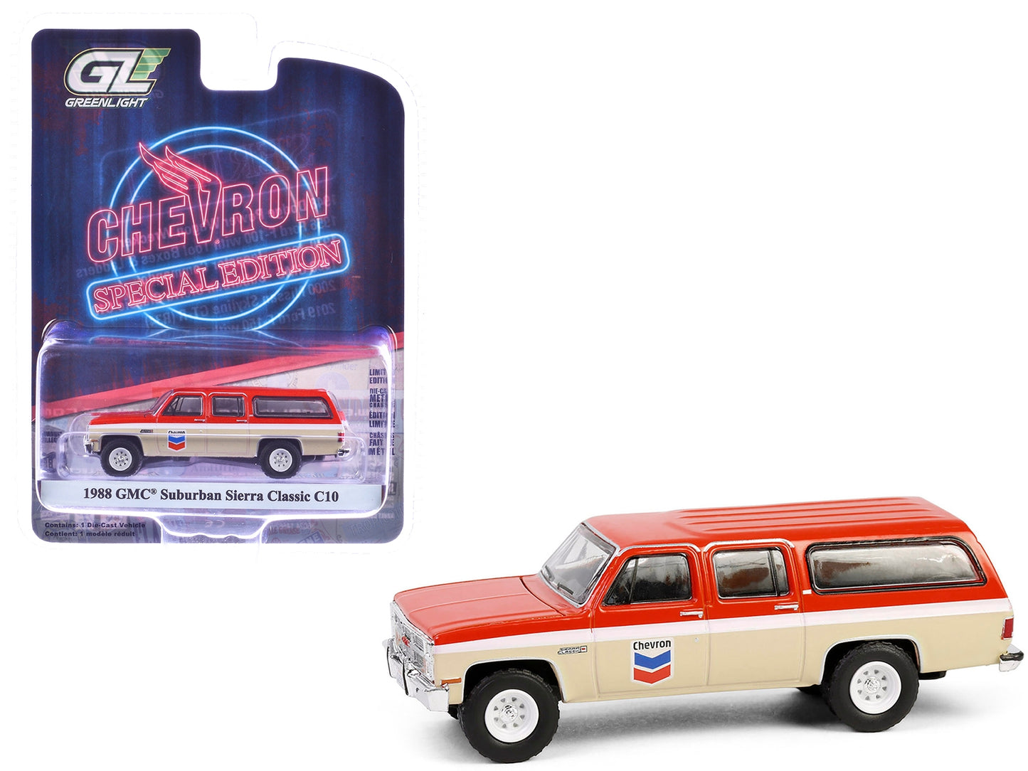 1988 GMC Suburban Sierra Classic C10 diecast model car by Greenlight, orange and beige with white stripes, Chevron Special Edition.