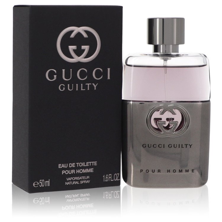 Gucci Guilty men's Eau De Toilette spray in 1.6 oz bottle, featuring sleek packaging and classic Gucci branding.