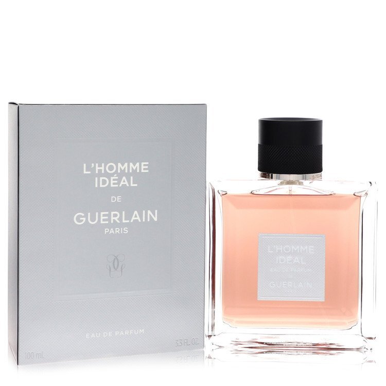 Guerlain L'homme Ideal Eau de Parfum spray for men, 3.3 oz, featuring sleek bottle design and elegant branding.