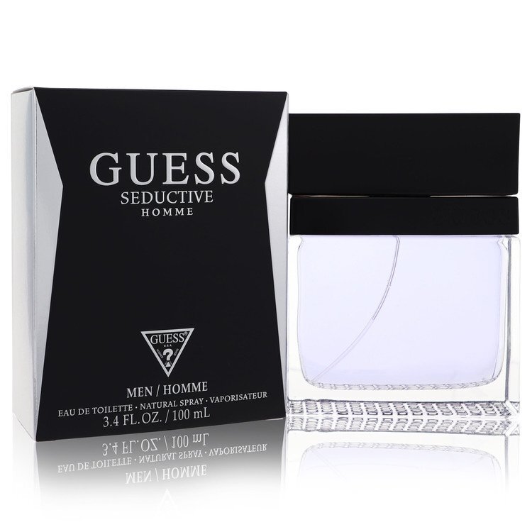 Guess Seductive men's Eau De Toilette spray in 3.4 oz bottle, featuring sleek Guess packaging and branding.