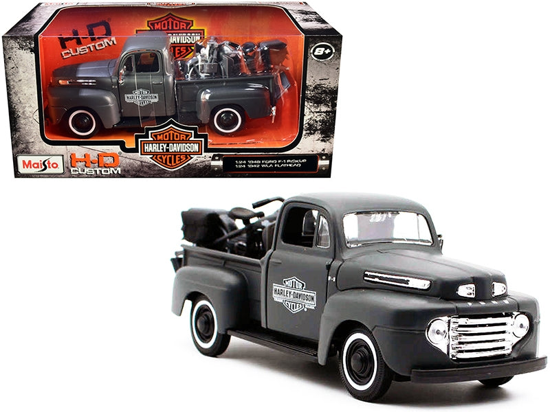 1948 Ford F-1 pickup and 1942 Harley-Davidson WLA flathead motorcycle diecast models by Maisto, in matte dark gray, detailed scale replicas.