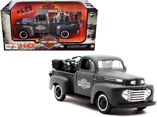 1948 Ford F-1 pickup and 1942 Harley-Davidson WLA flathead motorcycle diecast models by Maisto, in matte dark gray, detailed scale replicas.