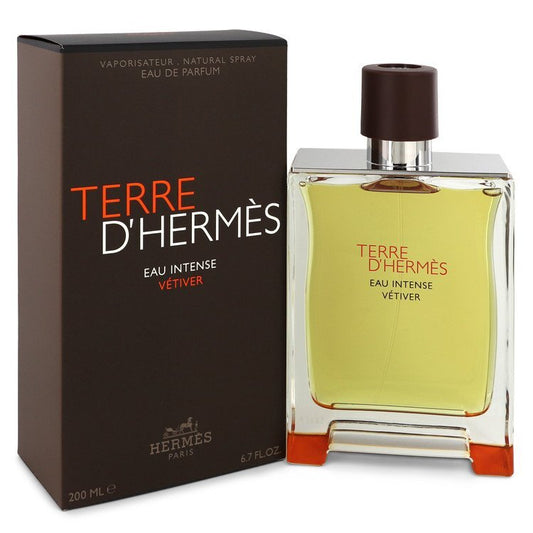 Hermes Terre D'hermes Eau Intense Vetiver men’s eau de parfum spray, 6.8 oz, with a sleek bottle and label visible.