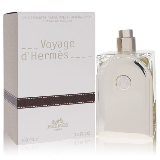 Hermes Voyage D'Hermes Eau De Toilette Spray for men, 3.3 oz, refillable, unisex fragrance in a sleek bottle.