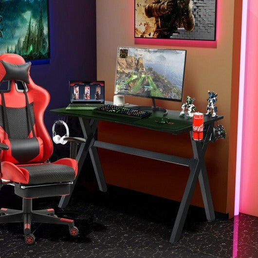 American Smart ergonomic gaming desk with mousepad, cup holder, and headphone stand for home office setup.