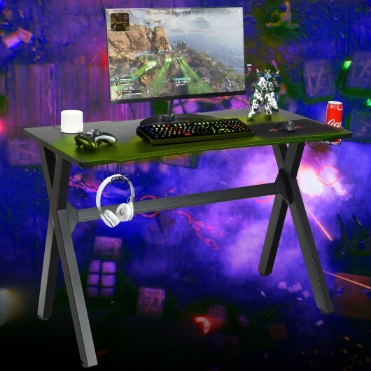 American Smart ergonomic gaming desk with mousepad, cup holder, and headphone stand for home office use.
