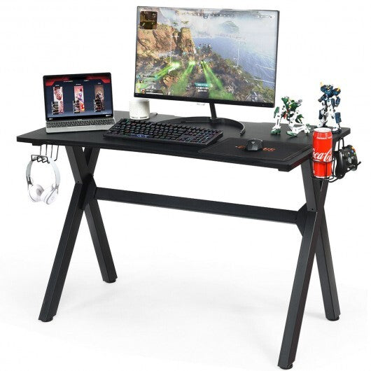 American Smart ergonomic gaming desk with mousepad, cup holder, and headphone holder for home office use.