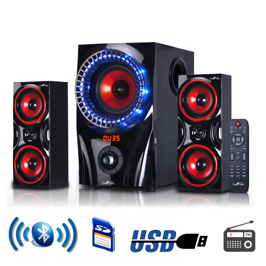 Red beFree Sound 2.1 channel Bluetooth surround sound speaker system by American Smart WB, showing speakers and control panel.