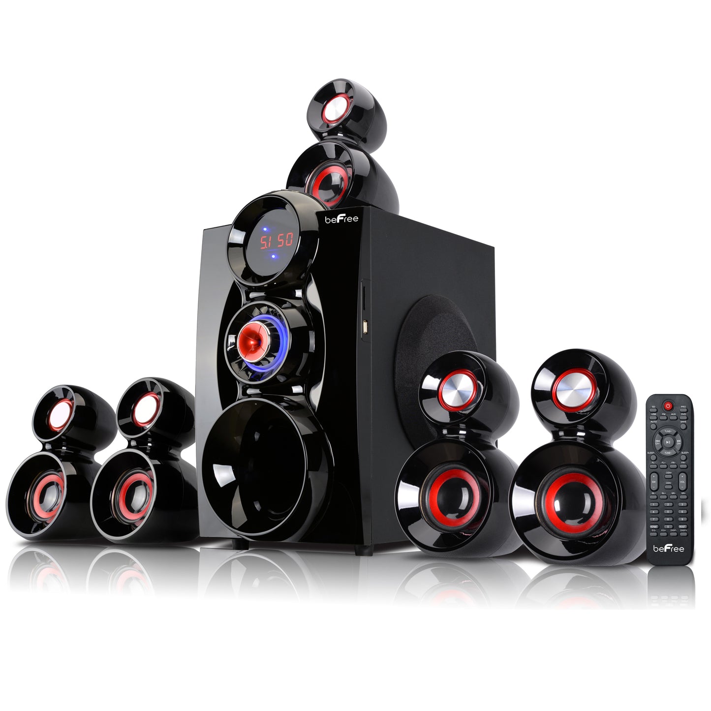 beFree Sound 5.1 Bluetooth surround sound speaker system in red, American Smart home stereo system with multiple speakers and controls