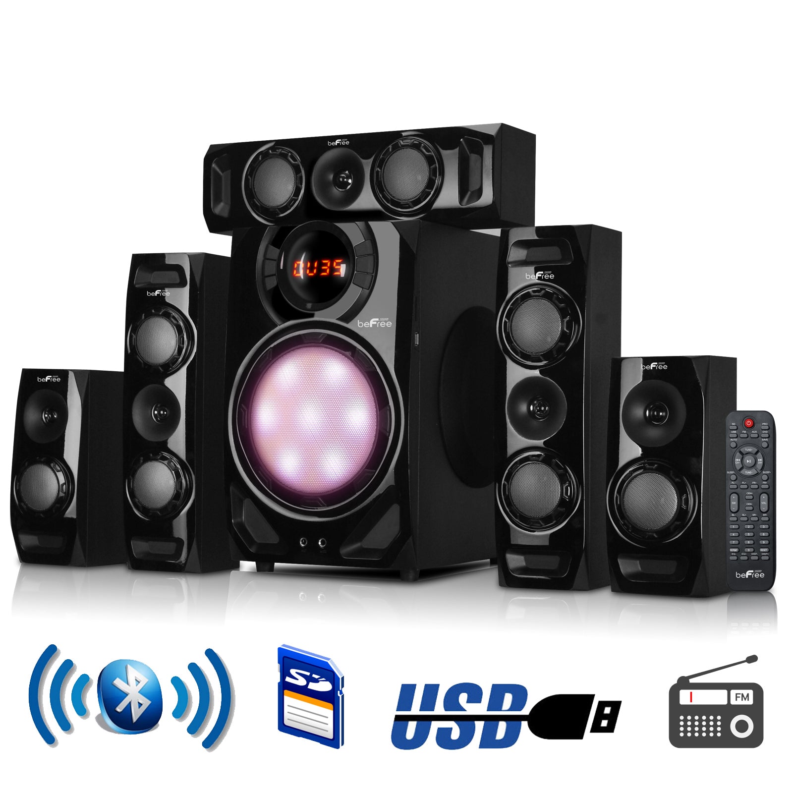 Black beFree Sound 5.1 channel Bluetooth home stereo speaker system by American Smart, featuring multiple speakers for surround sound.