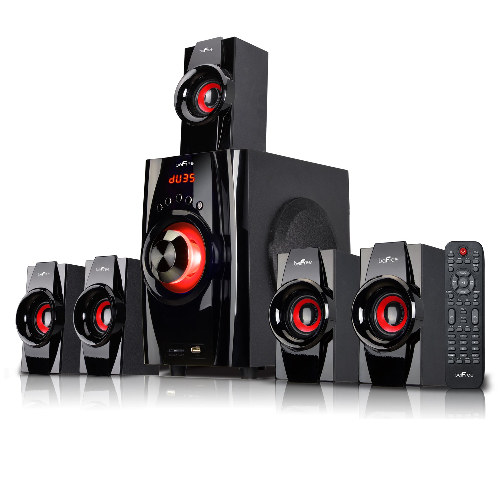 American Smart beFree Sound 5.1 channel surround Bluetooth speaker system in red, with multiple speakers and control panel for home audio.