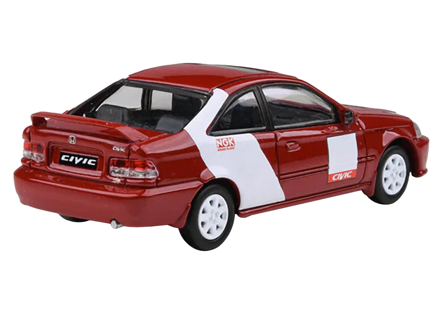 1999 Honda Civic Si EM1 diecast model car in Kanjo Livery red with white stripes, by Paragon Models, featuring detailed exterior.