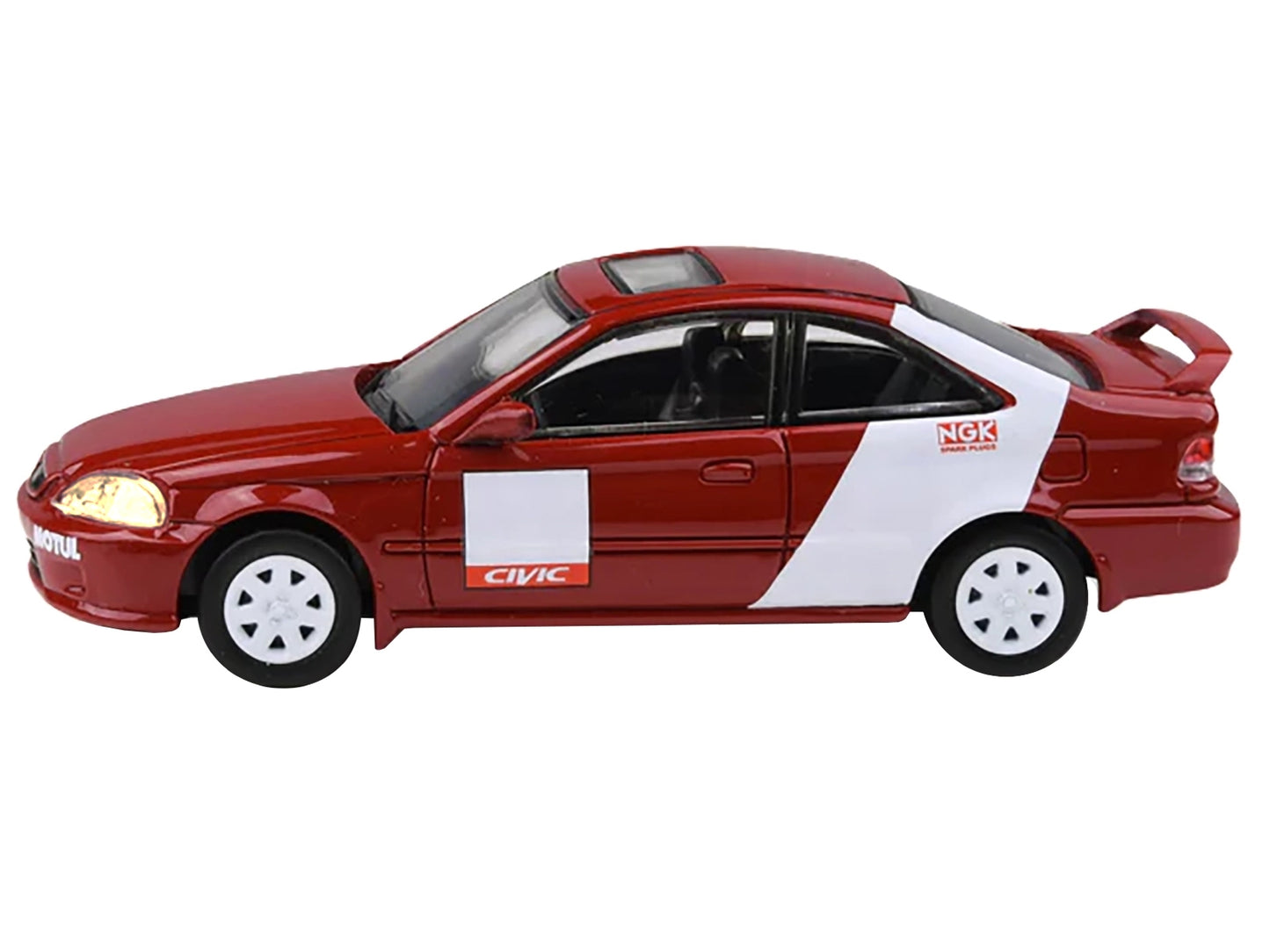 Red 1999 Honda Civic Si EM1 diecast model car with white Kanjo livery stripes by American Smart, detailed miniature vehicle.