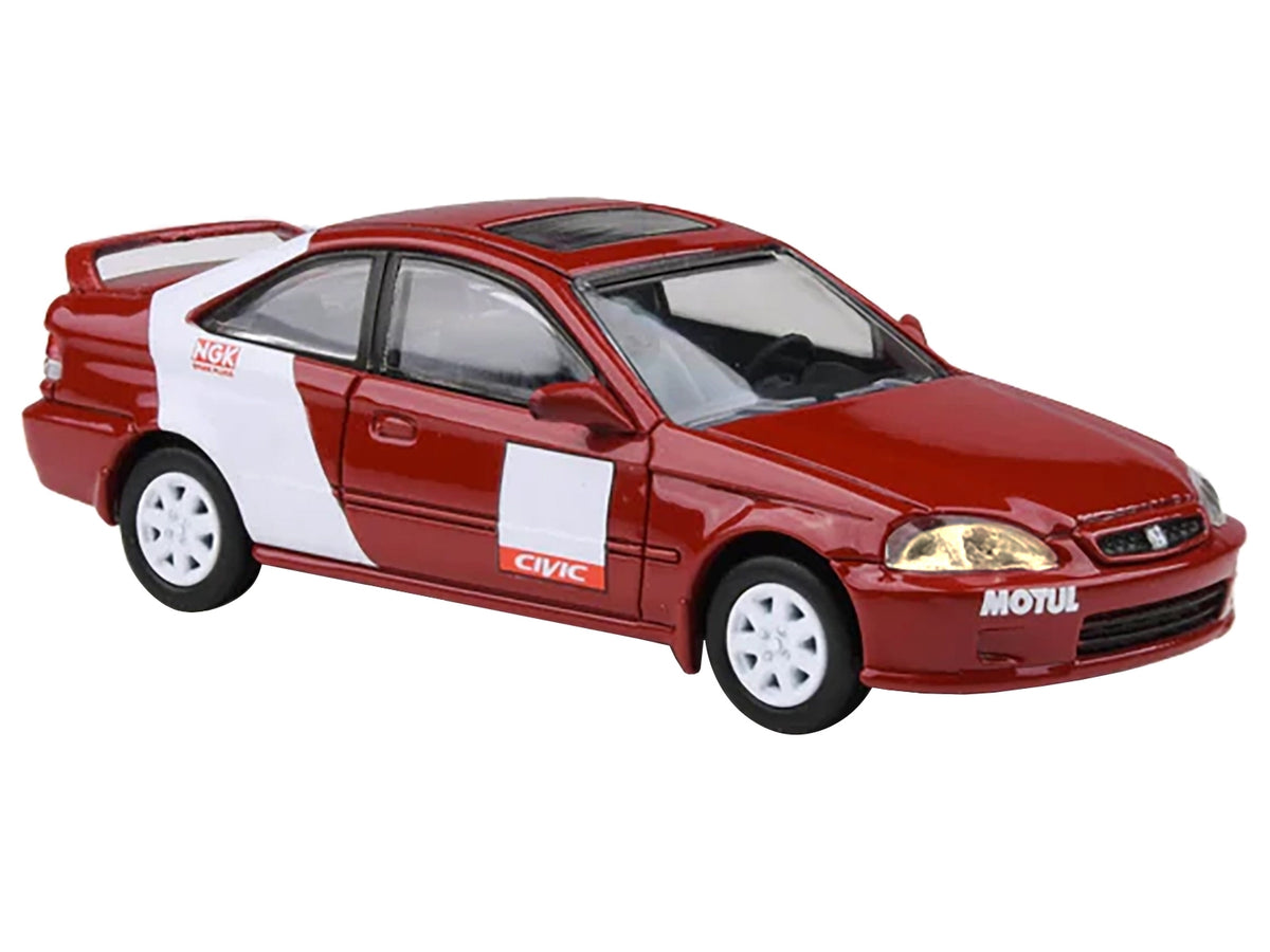 Red 1999 Honda Civic Si EM1 Kanjo Livery 1/64 diecast model car by American Smart WB, featuring white stripes and detailed design.