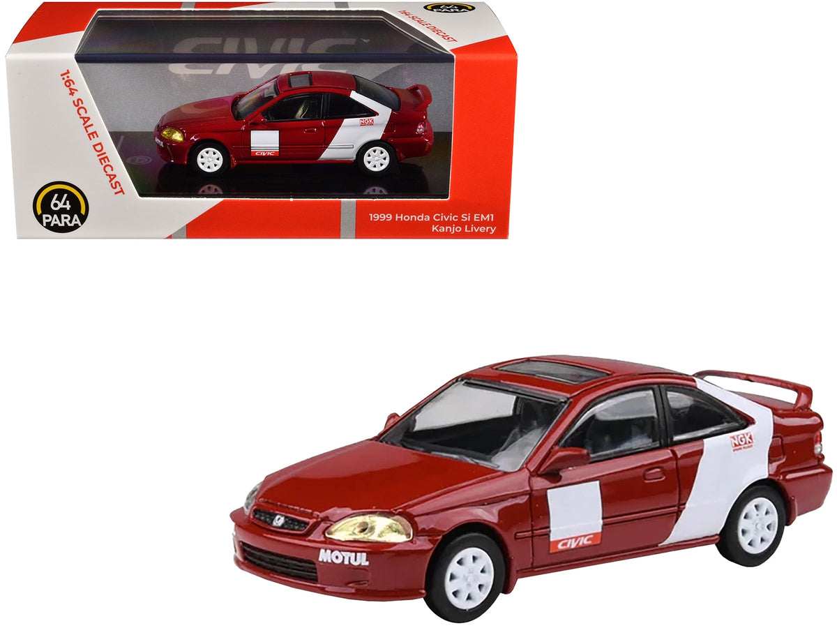 Red 1999 Honda Civic Si EM1 diecast model car with white Kanjo livery stripes by Paragon Models, detailed miniature Honda model.