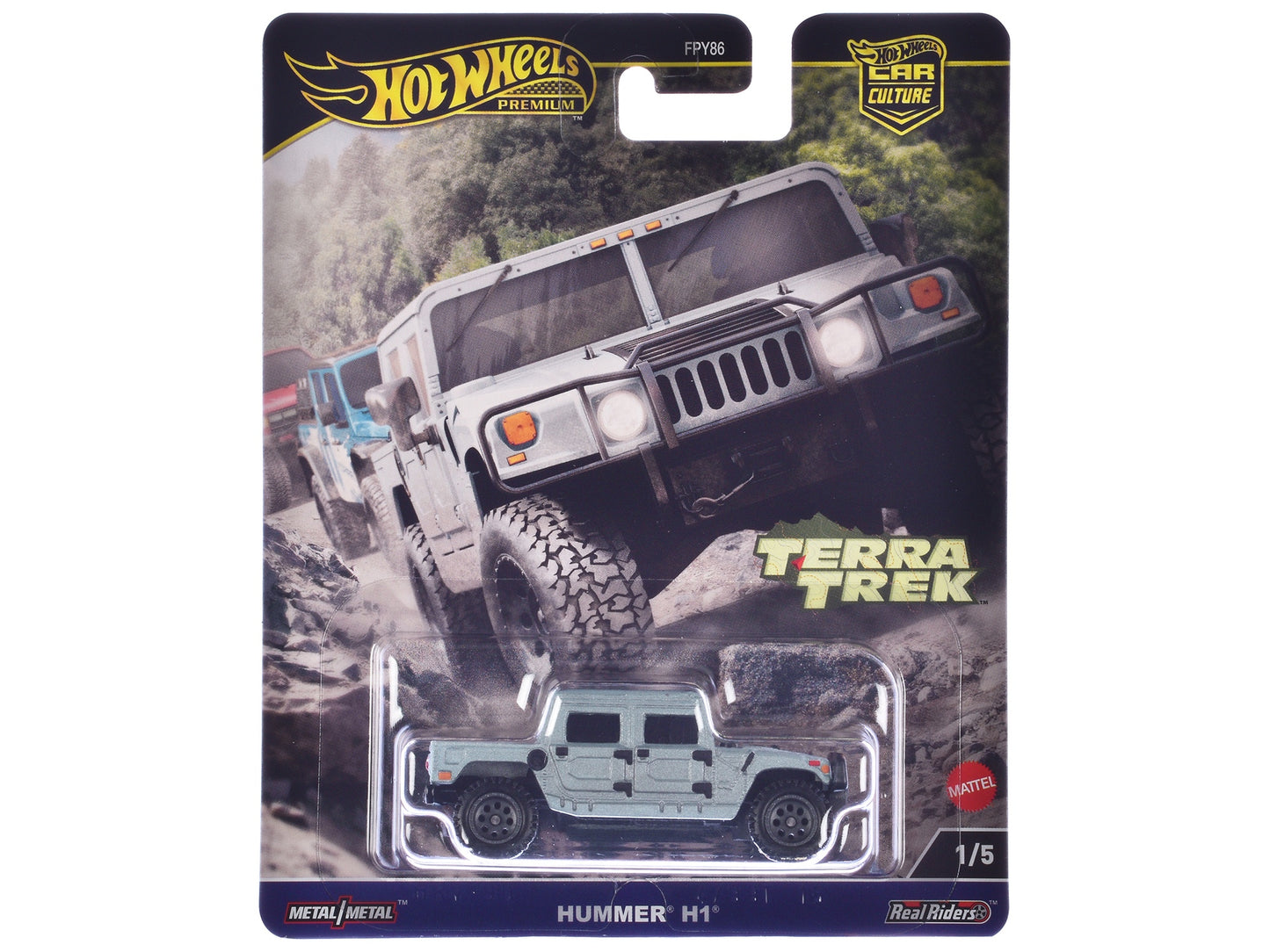 Gray metallic Hummer H1 Pickup Truck diecast model by Hot Wheels from the Terra Trek series, showcasing detailed American Smart branding.