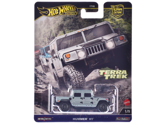 Gray metallic Hummer H1 Pickup Truck diecast model by Hot Wheels from the Terra Trek series, showcasing detailed American Smart branding.